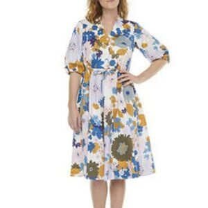52seven Retro Floral Balloon Sleeve Midi Shirt Dress